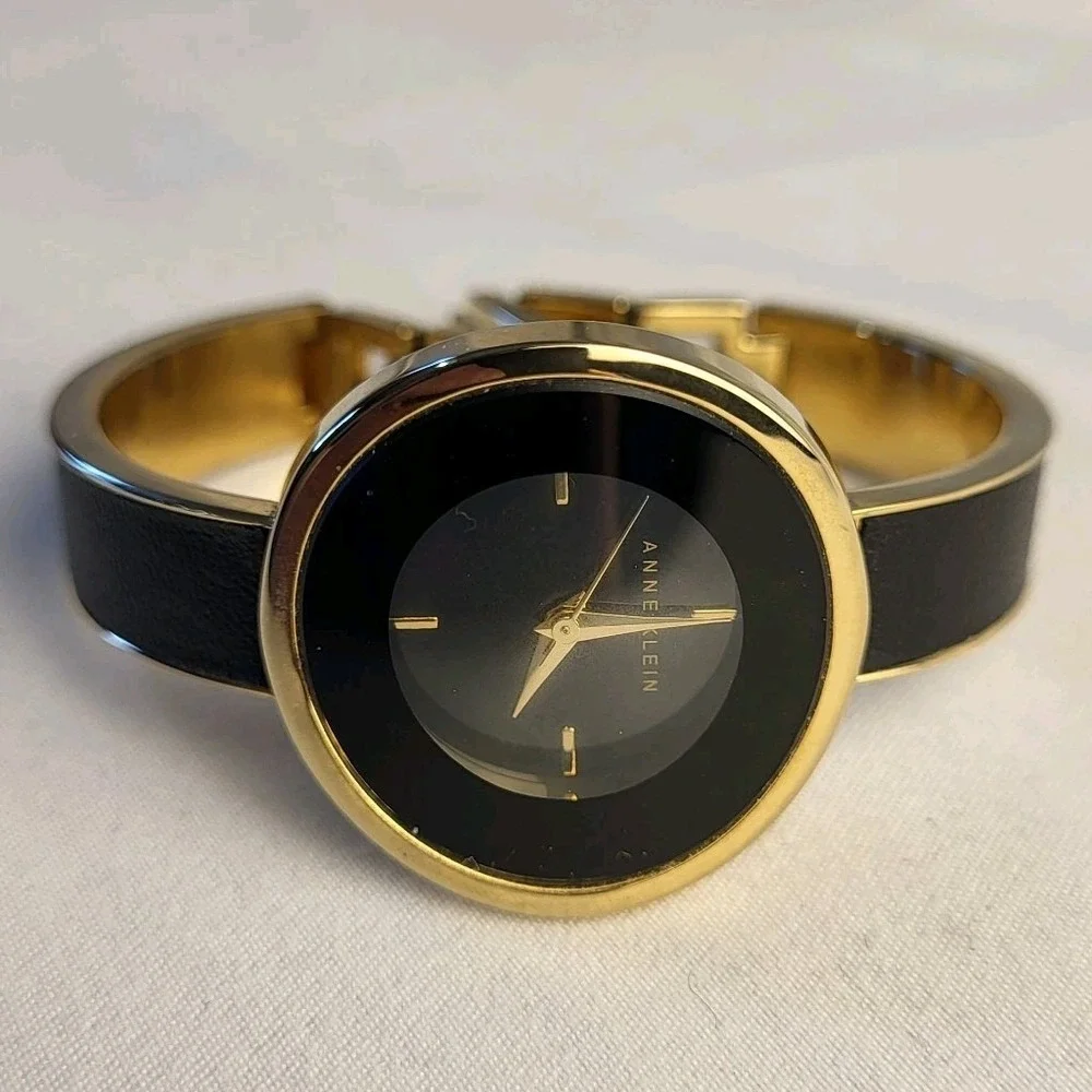Anne Klein Womens Watch 30mm Black Dial Gold Tone Enamel Band 6.5